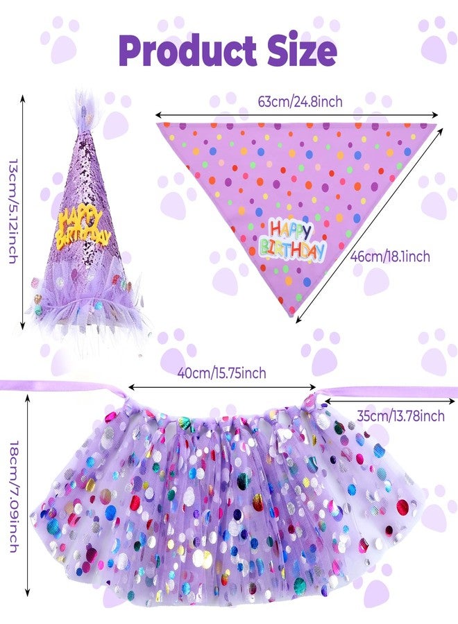 Quilax 3Pcs Dog Birthday Hat with Bandana Dress Girl Set, Cute Dog Tutu Skirt Outfit, Puppy Birthday Party Supplies for Small Medium Large Dogs Decorations(Purple) - Image 2
